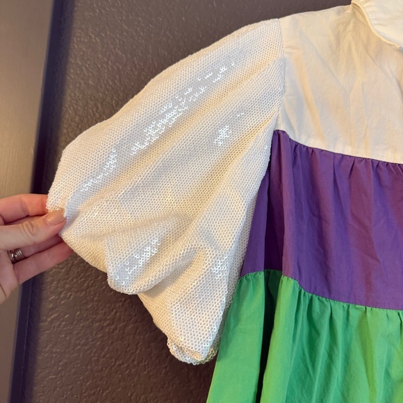 QUEEN OF SPARKLES • Mardi Gras Colorful Tiered Puff Sleeve mini dress - XS - Picture 7 of 10